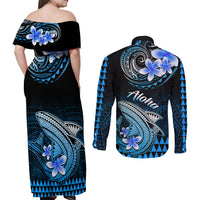 Hawaii Couples Matching Off Shoulder Maxi Dress and Long Sleeve Button Shirts Polynesian Shark with Kakau Blue Version LT01 - Polynesian Pride