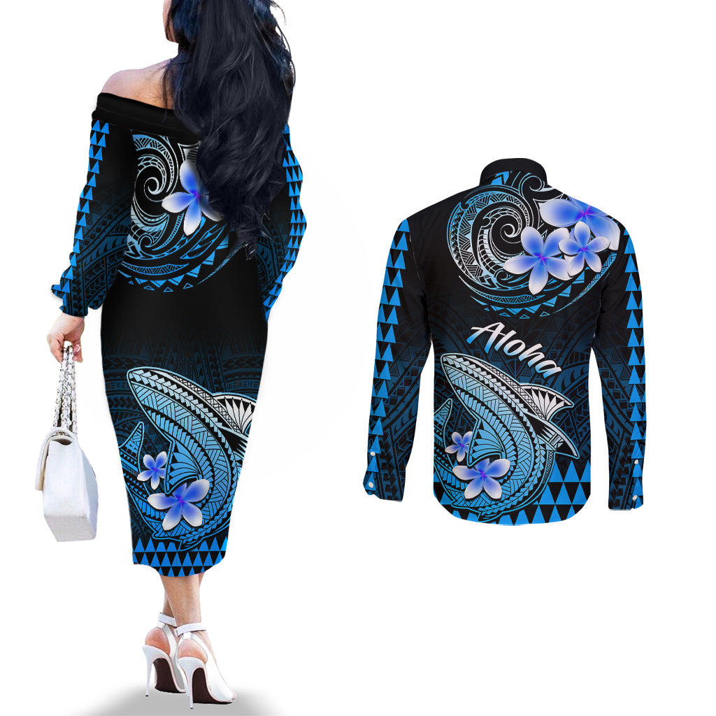 Hawaii Couples Matching Off The Shoulder Long Sleeve Dress and Long Sleeve Button Shirts Polynesian Shark with Kakau Blue Version LT01 - Polynesian Pride