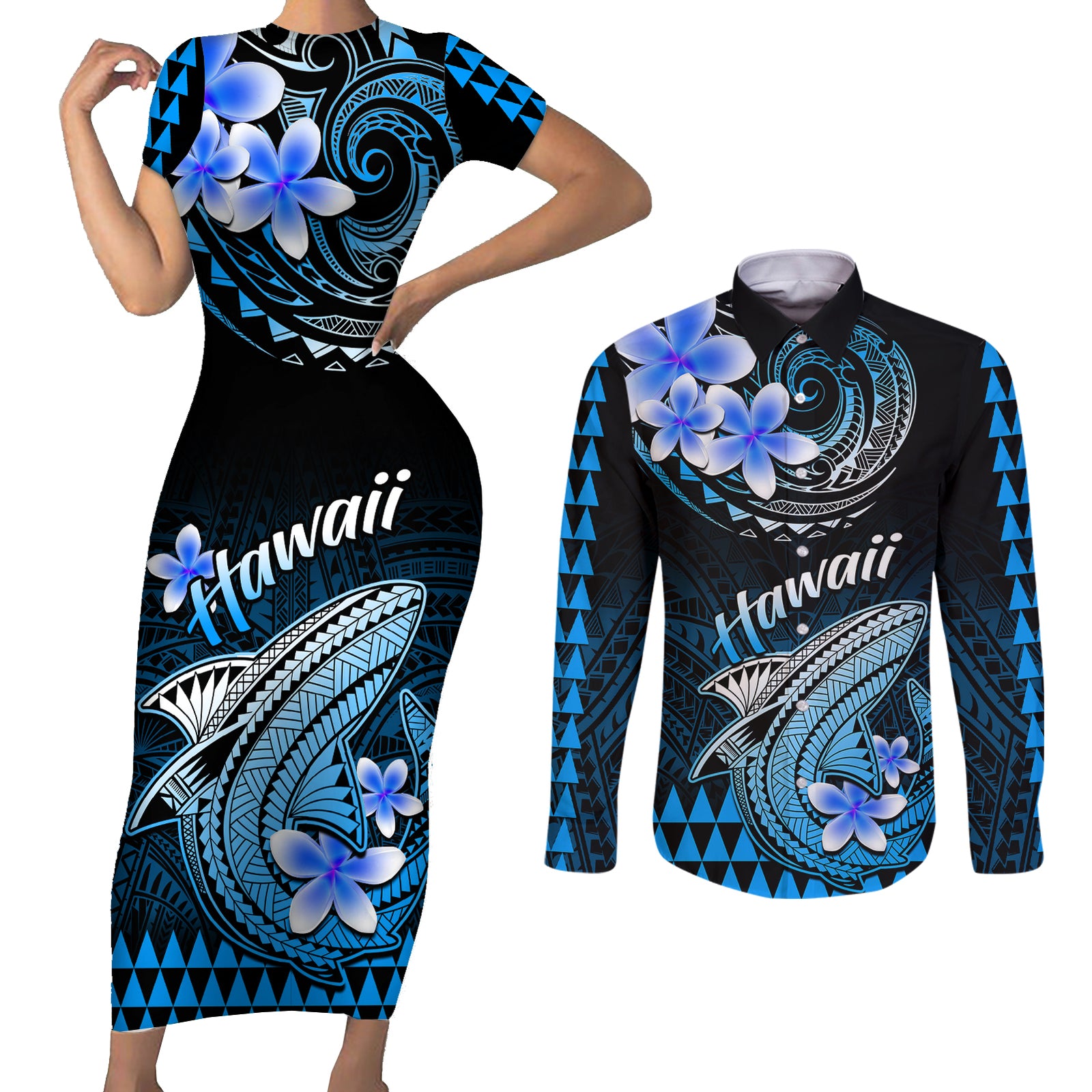 Hawaii Couples Matching Short Sleeve Bodycon Dress and Long Sleeve Button Shirts Polynesian Shark with Kakau Blue Version LT01 Blue - Polynesian Pride