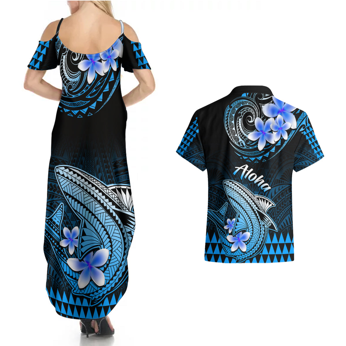 Hawaii Couples Matching Summer Maxi Dress and Hawaiian Shirt Polynesian Shark with Kakau Blue Version LT01 - Polynesian Pride