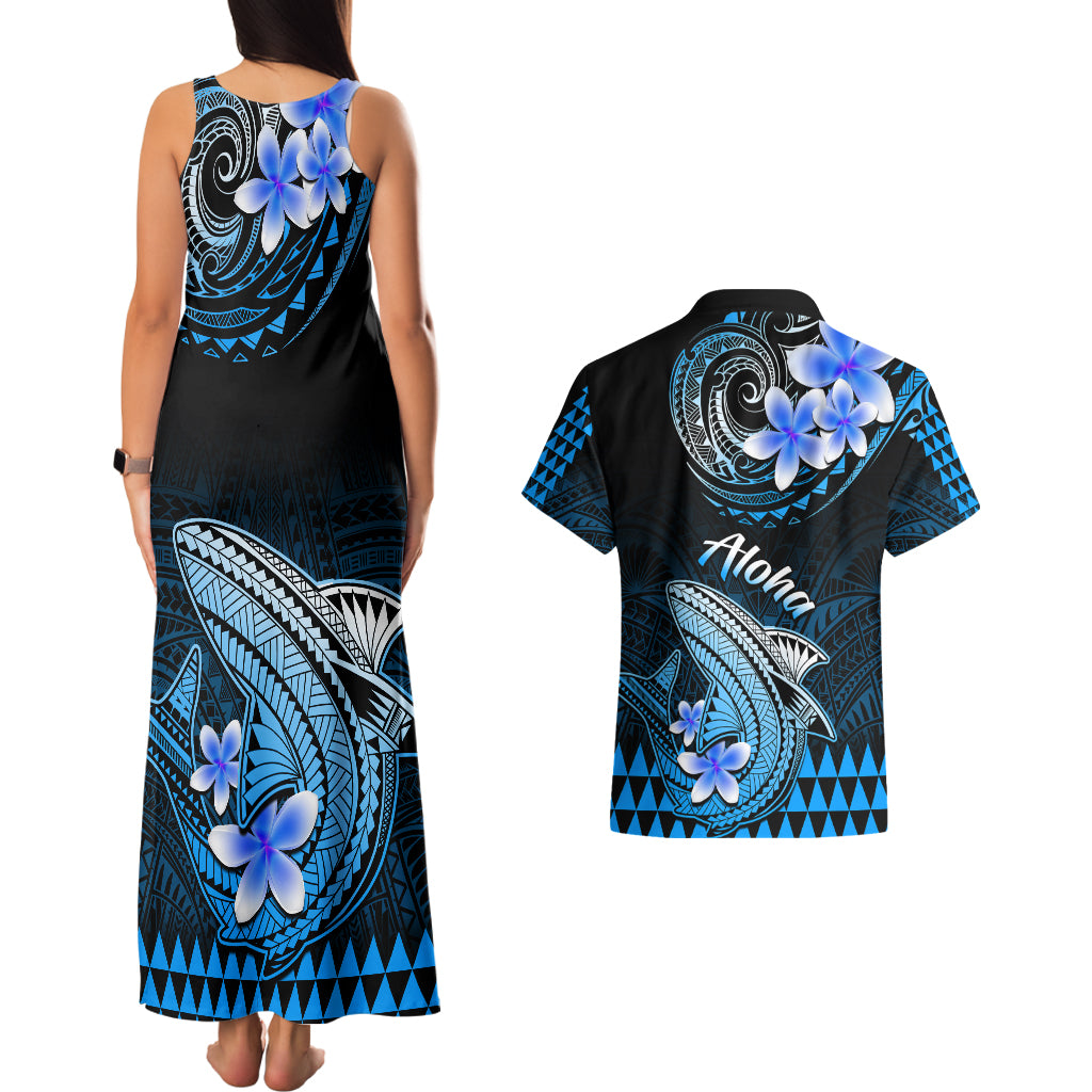 Hawaii Couples Matching Tank Maxi Dress and Hawaiian Shirt Polynesian Shark with Kakau Blue Version LT01 - Polynesian Pride