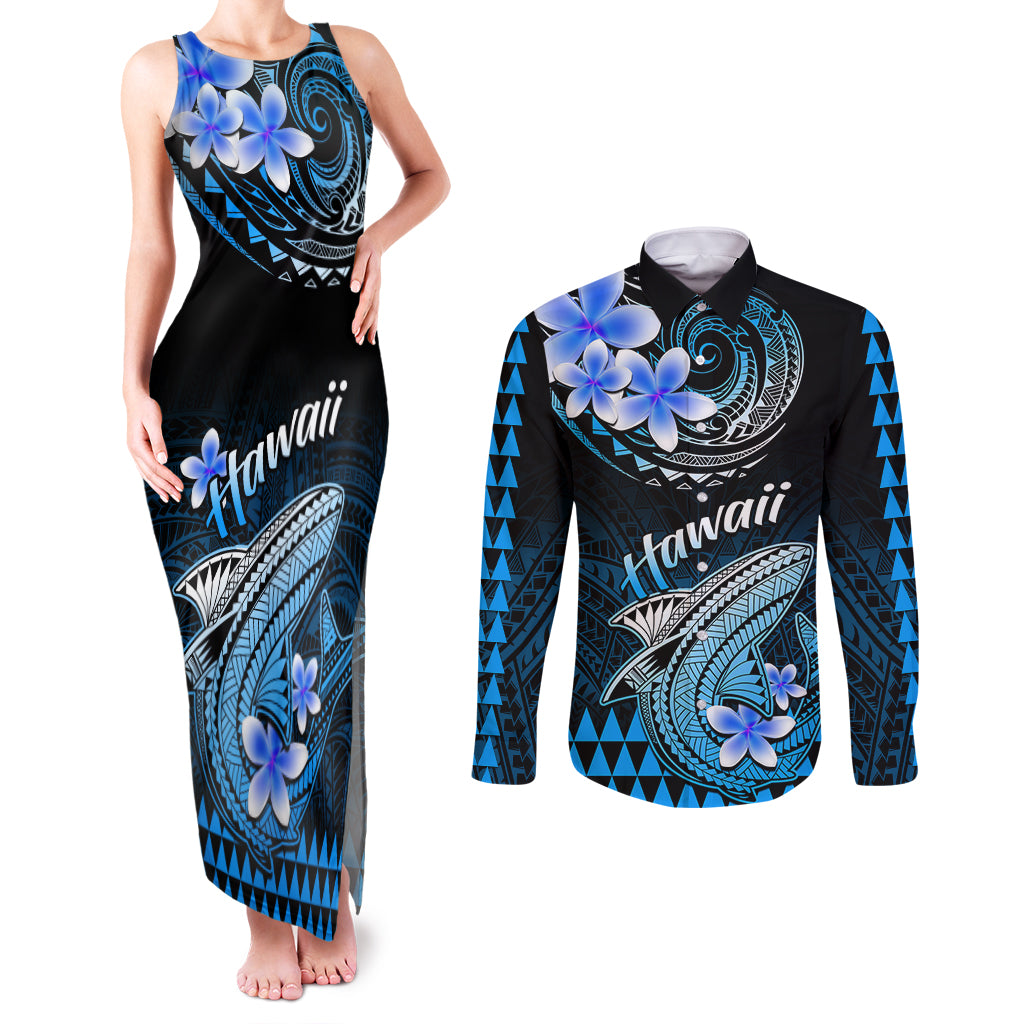 Hawaii Couples Matching Tank Maxi Dress and Long Sleeve Button Shirts Polynesian Shark with Kakau Blue Version LT01 Blue - Polynesian Pride