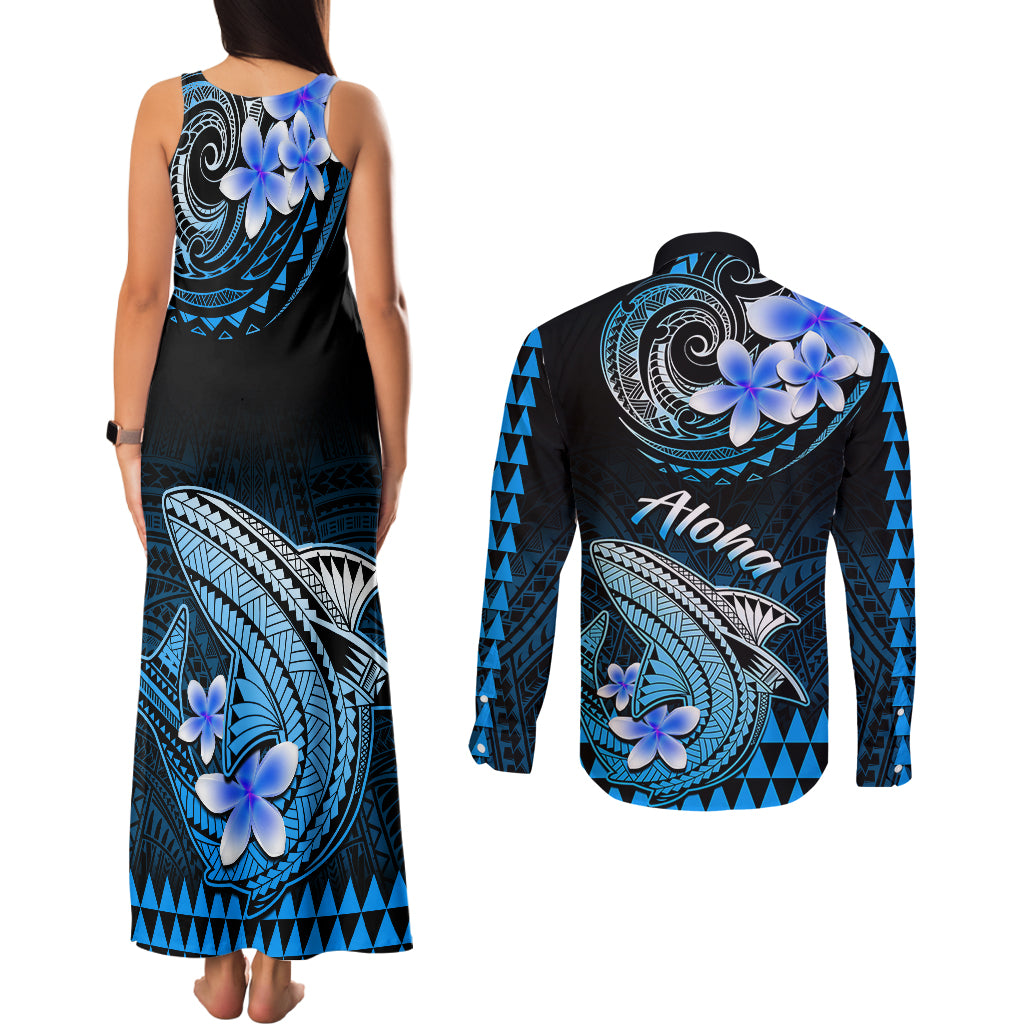 Hawaii Couples Matching Tank Maxi Dress and Long Sleeve Button Shirts Polynesian Shark with Kakau Blue Version LT01 - Polynesian Pride