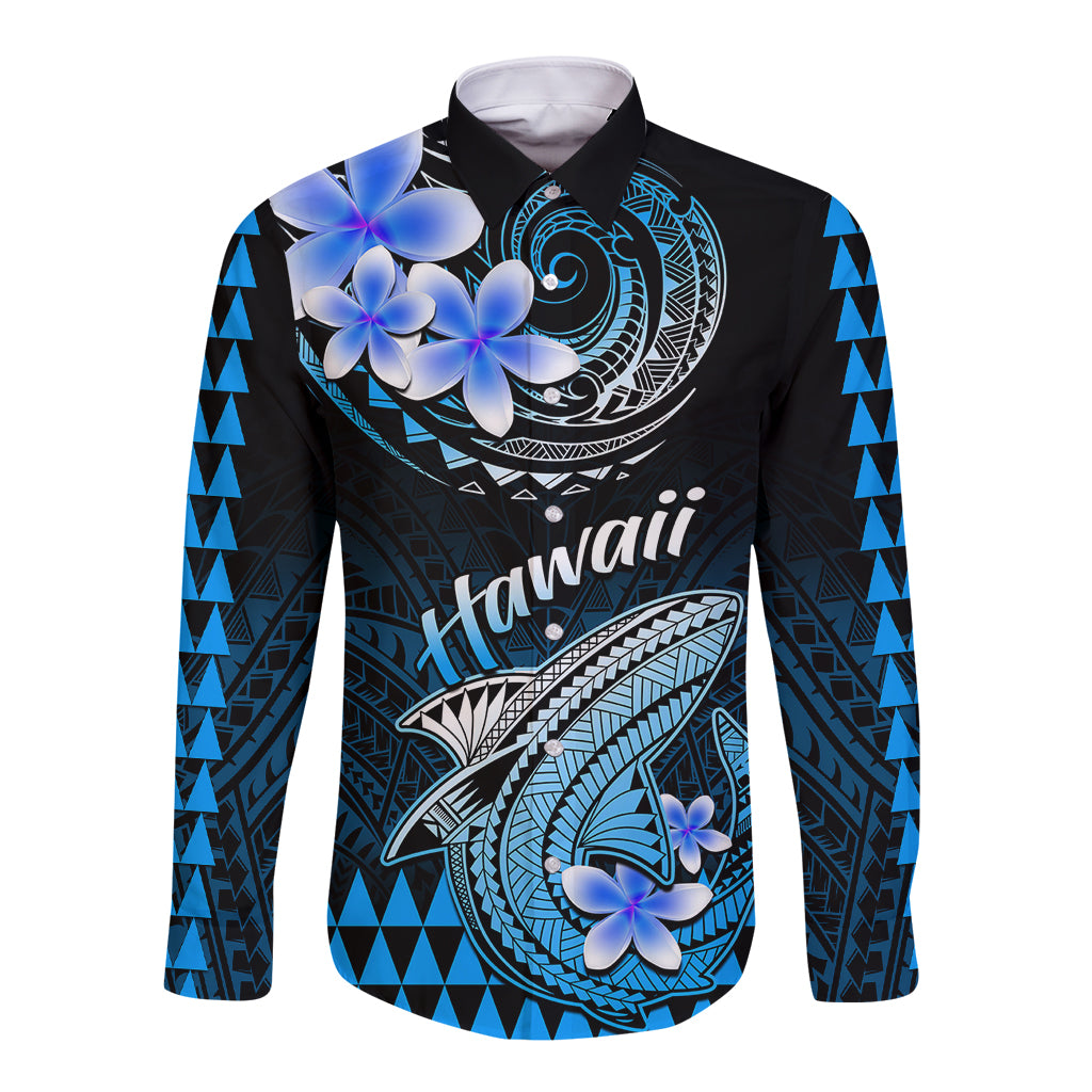 Hawaii Long Sleeve Button Shirt Polynesian Shark with Kakau Blue Version LT01 Unisex Blue - Polynesian Pride