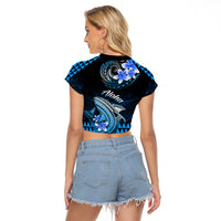 Hawaii Raglan Cropped T Shirt Polynesian Shark with Kakau Blue Version LT01 - Polynesian Pride