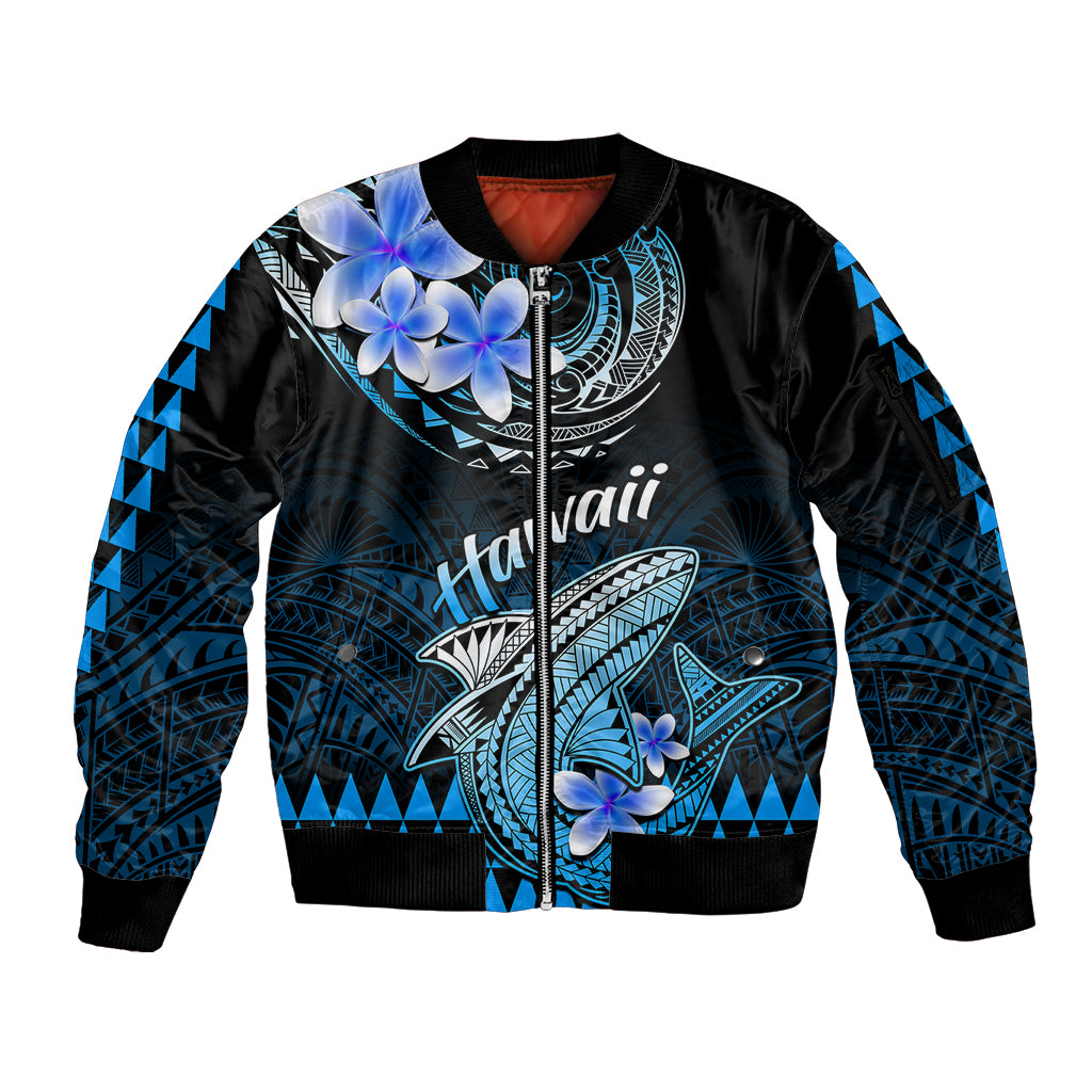 Hawaii Sleeve Zip Bomber Jacket Polynesian Shark with Kakau Blue Version LT01 Unisex Blue - Polynesian Pride