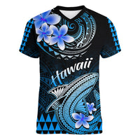 Hawaii Women V Neck T Shirt Polynesian Shark with Kakau Blue Version LT01 Female Blue - Polynesian Pride