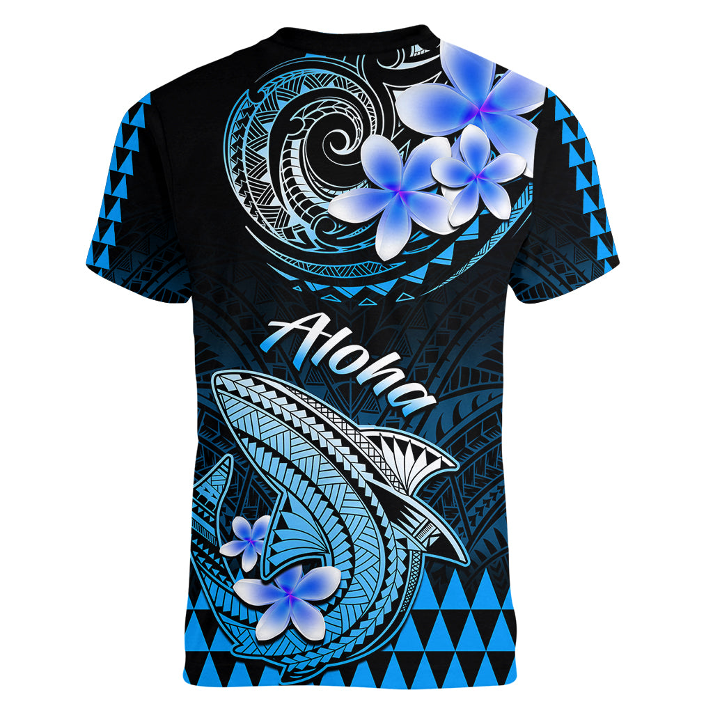 Hawaii Women V Neck T Shirt Polynesian Shark with Kakau Blue Version LT01 - Polynesian Pride