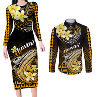 Hawaii Couples Matching Long Sleeve Bodycon Dress and Long Sleeve Button Shirts Polynesian Shark with Kakau Gold Version LT01 Gold - Polynesian Pride