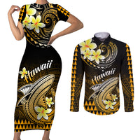Hawaii Couples Matching Short Sleeve Bodycon Dress and Long Sleeve Button Shirts Polynesian Shark with Kakau Gold Version LT01 Gold - Polynesian Pride