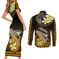 Hawaii Couples Matching Short Sleeve Bodycon Dress and Long Sleeve Button Shirts Polynesian Shark with Kakau Gold Version LT01 - Polynesian Pride