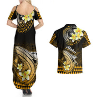 Hawaii Couples Matching Summer Maxi Dress and Hawaiian Shirt Polynesian Shark with Kakau Gold Version LT01 - Polynesian Pride