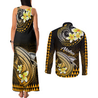 Hawaii Couples Matching Tank Maxi Dress and Long Sleeve Button Shirts Polynesian Shark with Kakau Gold Version LT01 - Polynesian Pride