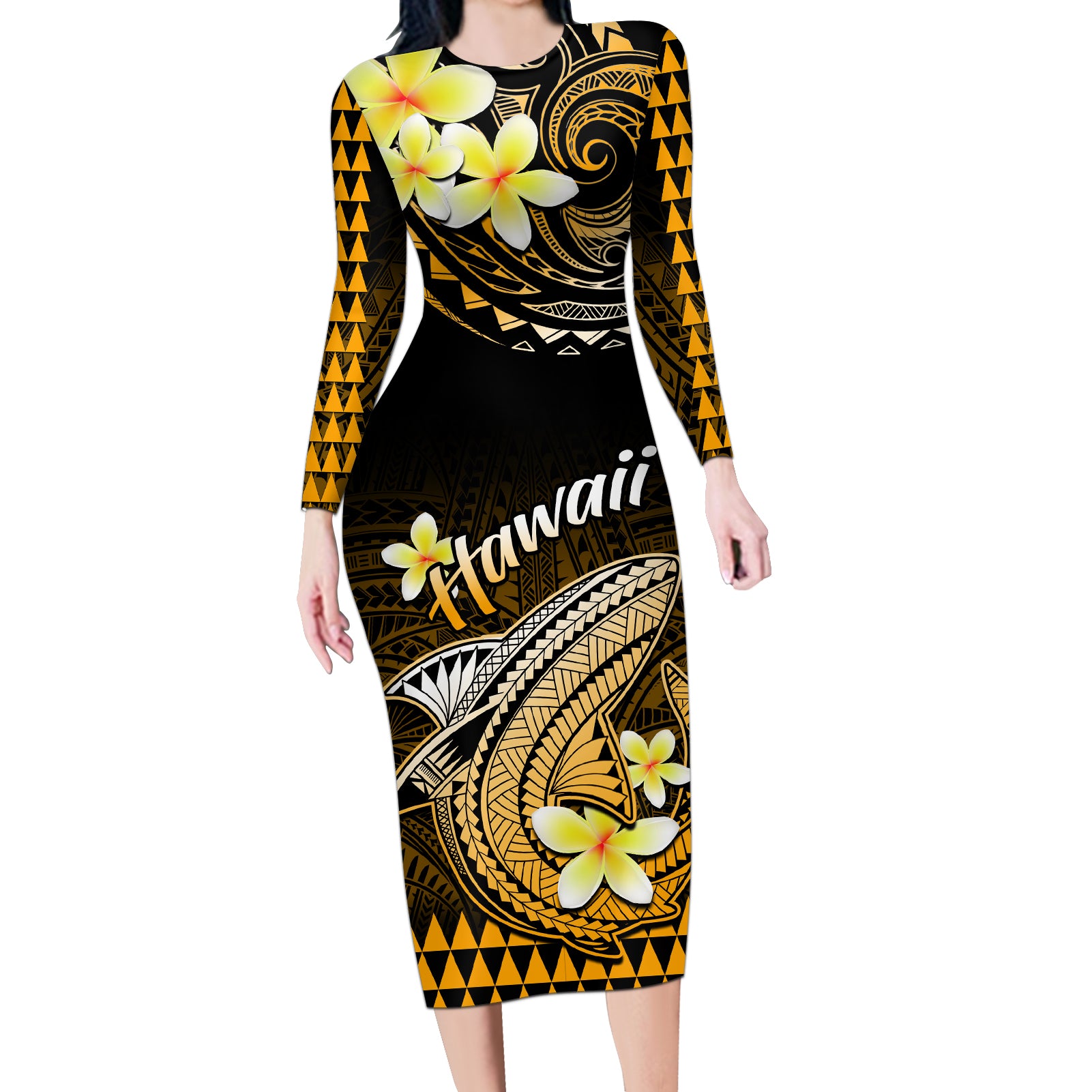 Hawaii Long Sleeve Bodycon Dress Polynesian Shark with Kakau Gold Version LT01 Long Dress Gold - Polynesian Pride