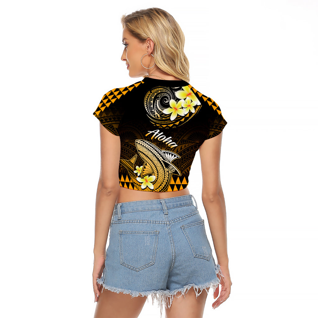 Hawaii Raglan Cropped T Shirt Polynesian Shark with Kakau Gold Version LT01 - Polynesian Pride