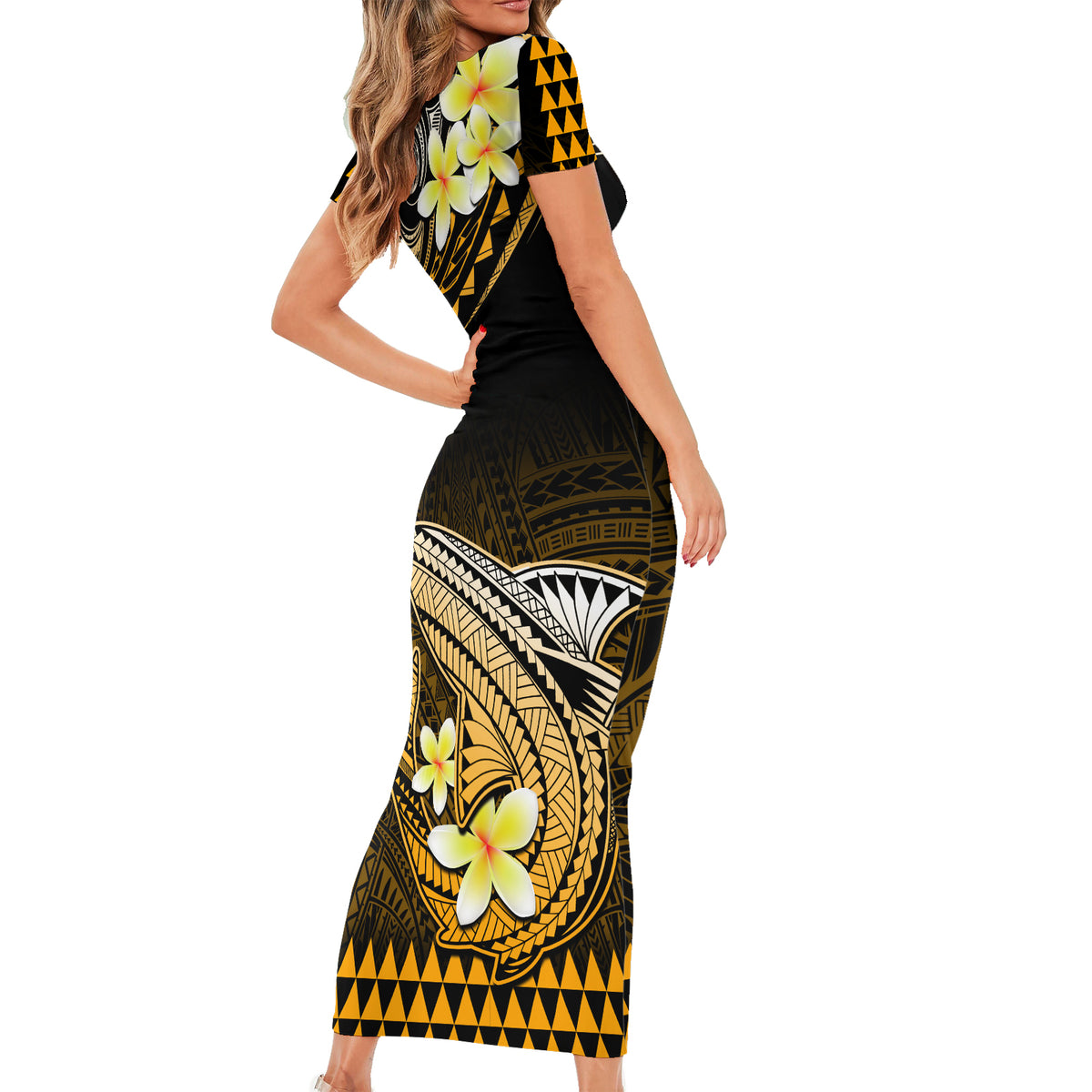 Hawaii Short Sleeve Bodycon Dress Polynesian Shark with Kakau Gold Version LT01 - Polynesian Pride