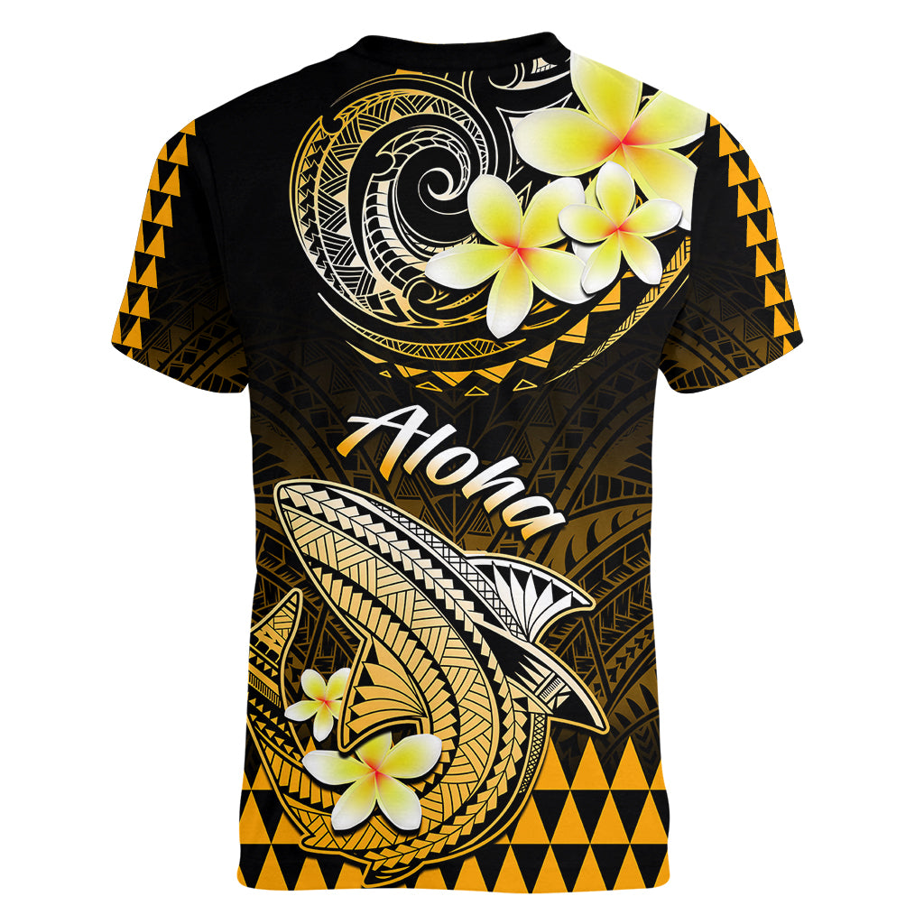 Hawaii Women V Neck T Shirt Polynesian Shark with Kakau Gold Version LT01 - Polynesian Pride