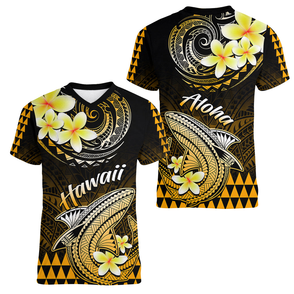 Hawaii Women V Neck T Shirt Polynesian Shark with Kakau Gold Version LT01 - Polynesian Pride