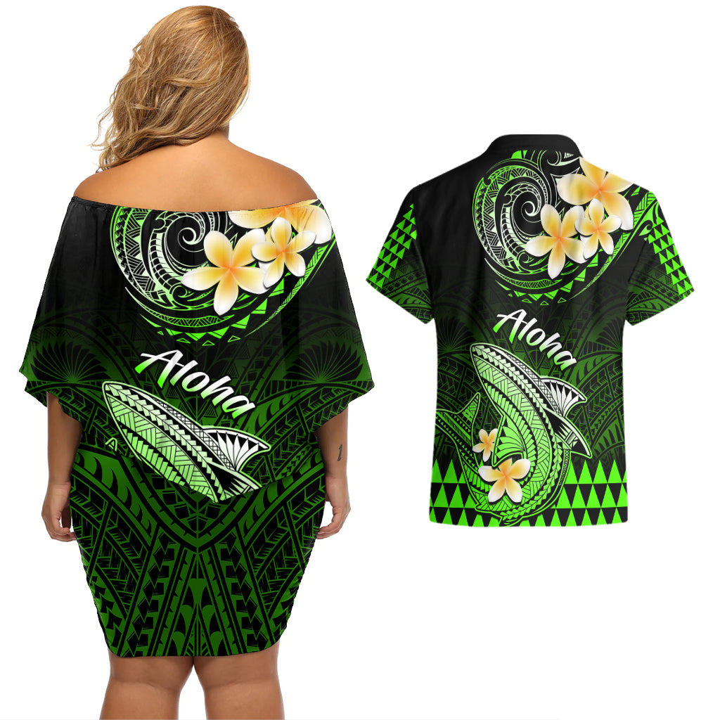 Hawaii Couples Matching Off Shoulder Short Dress and Hawaiian Shirt Polynesian Shark with Kakau Green Version LT01 - Polynesian Pride