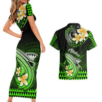 Hawaii Couples Matching Short Sleeve Bodycon Dress and Hawaiian Shirt Polynesian Shark with Kakau Green Version LT01 - Polynesian Pride