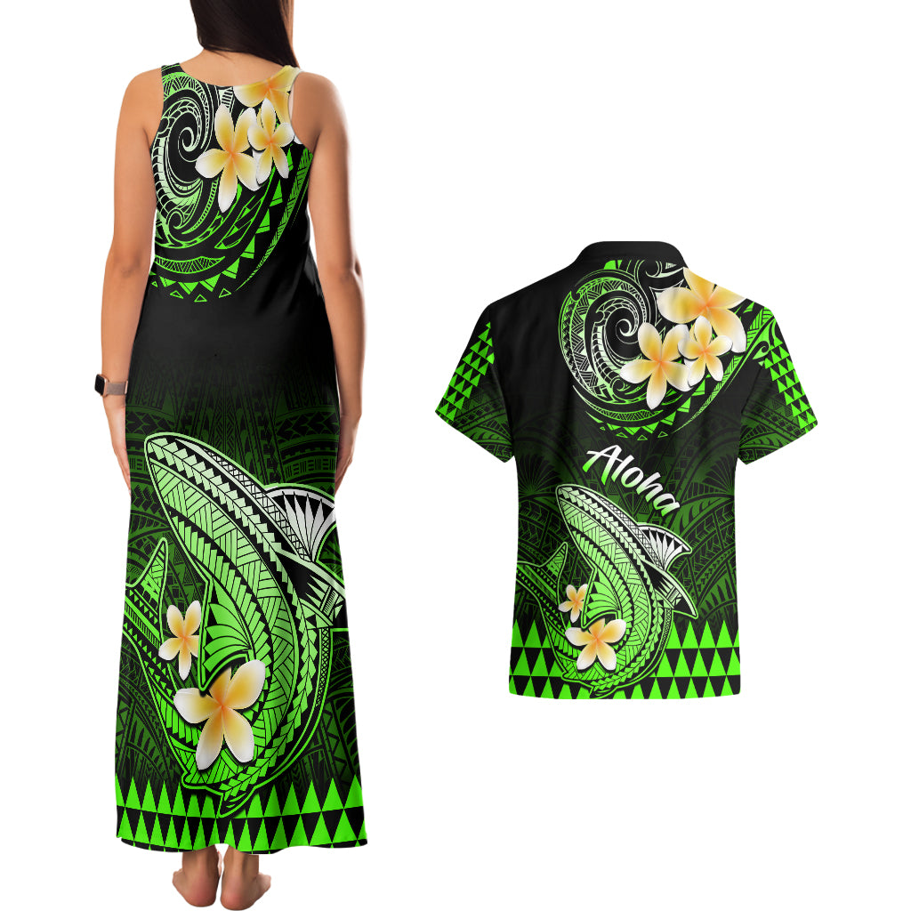 Hawaii Couples Matching Tank Maxi Dress and Hawaiian Shirt Polynesian Shark with Kakau Green Version LT01 - Polynesian Pride