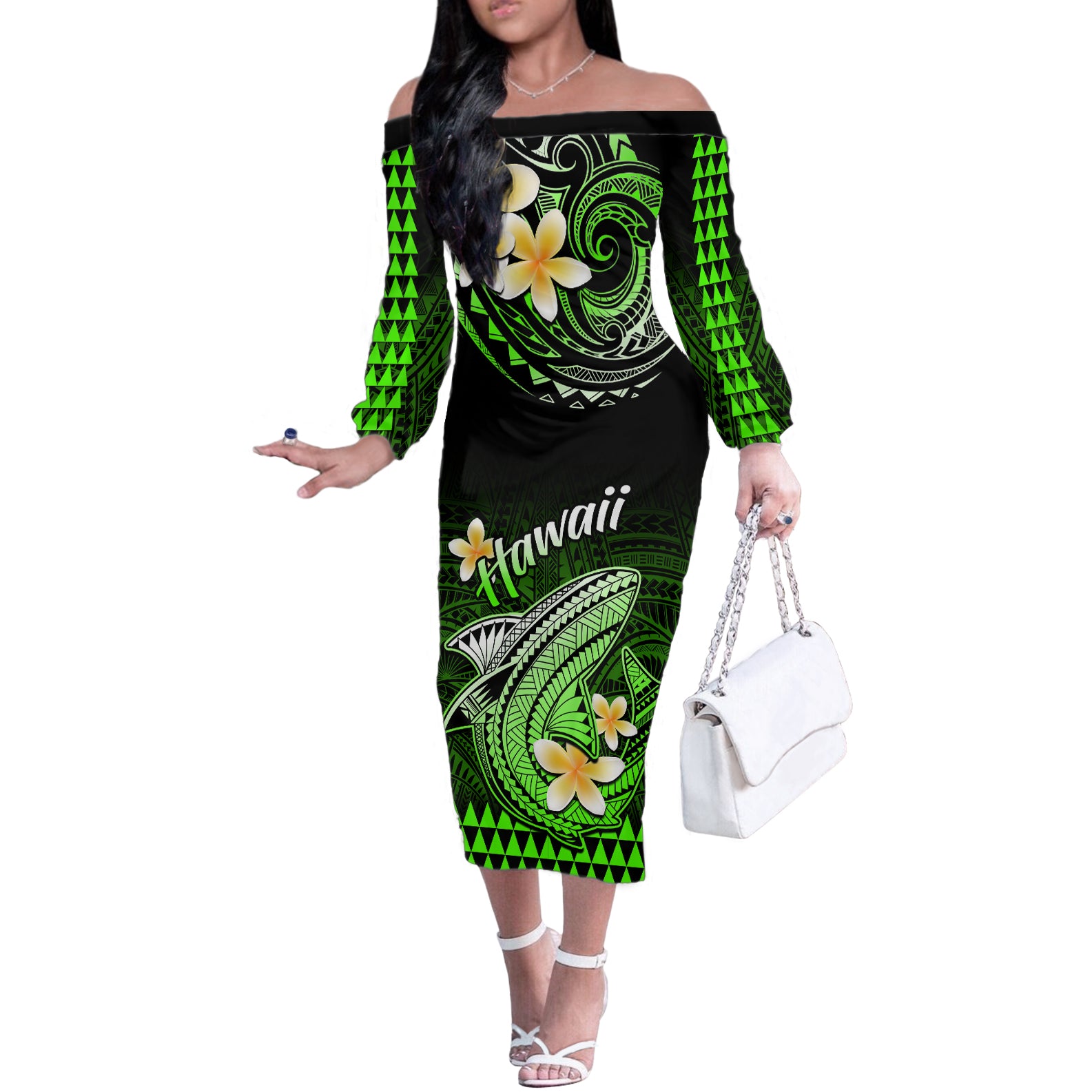 Hawaii Off The Shoulder Long Sleeve Dress Polynesian Shark with Kakau Green Version LT01 Women Green - Polynesian Pride