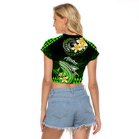 Hawaii Raglan Cropped T Shirt Polynesian Shark with Kakau Green Version LT01 - Polynesian Pride