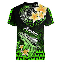 Hawaii Women V Neck T Shirt Polynesian Shark with Kakau Green Version LT01 - Polynesian Pride