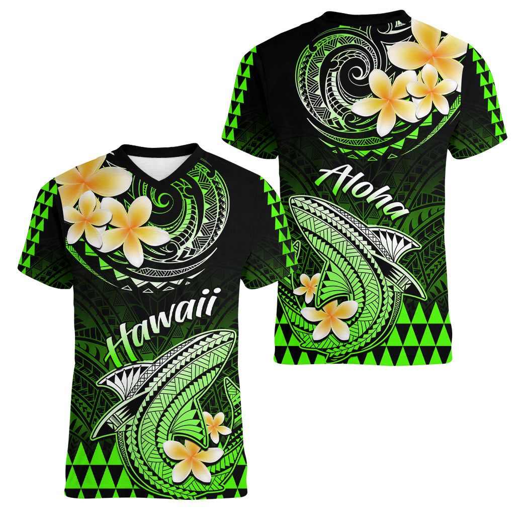 Hawaii Women V Neck T Shirt Polynesian Shark with Kakau Green Version LT01 - Polynesian Pride