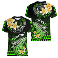 Hawaii Women V Neck T Shirt Polynesian Shark with Kakau Green Version LT01 - Polynesian Pride