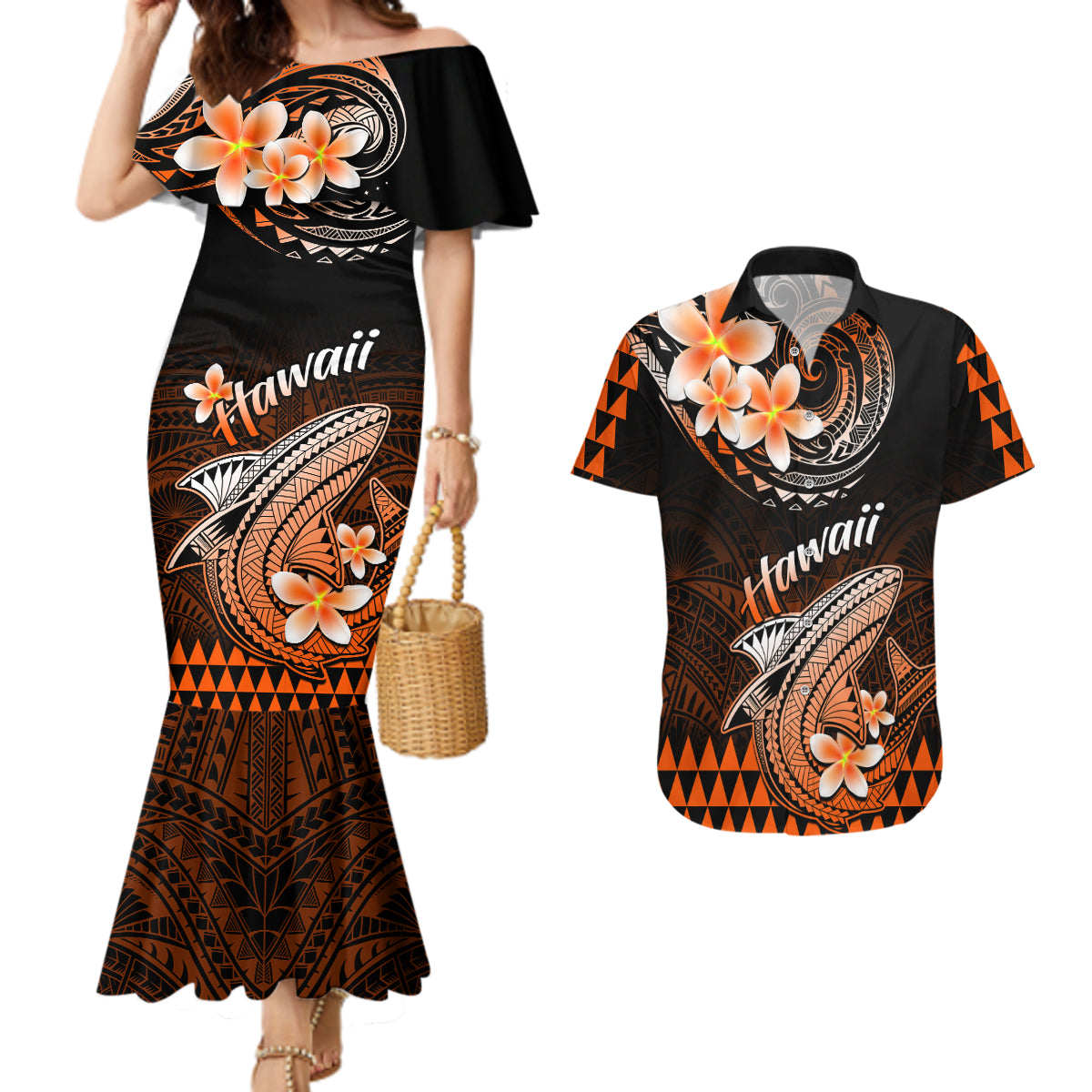 Hawaii Couples Matching Mermaid Dress and Hawaiian Shirt Polynesian Shark with Kakau Orange Version LT01 Orange - Polynesian Pride