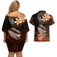 Hawaii Couples Matching Off Shoulder Short Dress and Hawaiian Shirt Polynesian Shark with Kakau Orange Version LT01 - Polynesian Pride