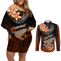 Hawaii Couples Matching Off Shoulder Short Dress and Long Sleeve Button Shirts Polynesian Shark with Kakau Orange Version LT01 Orange - Polynesian Pride