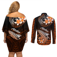 Hawaii Couples Matching Off Shoulder Short Dress and Long Sleeve Button Shirts Polynesian Shark with Kakau Orange Version LT01 - Polynesian Pride