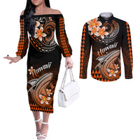 Hawaii Couples Matching Off The Shoulder Long Sleeve Dress and Long Sleeve Button Shirts Polynesian Shark with Kakau Orange Version LT01 Orange - Polynesian Pride