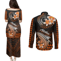 Hawaii Couples Matching Puletasi Dress and Long Sleeve Button Shirts Polynesian Shark with Kakau Orange Version LT01 - Polynesian Pride