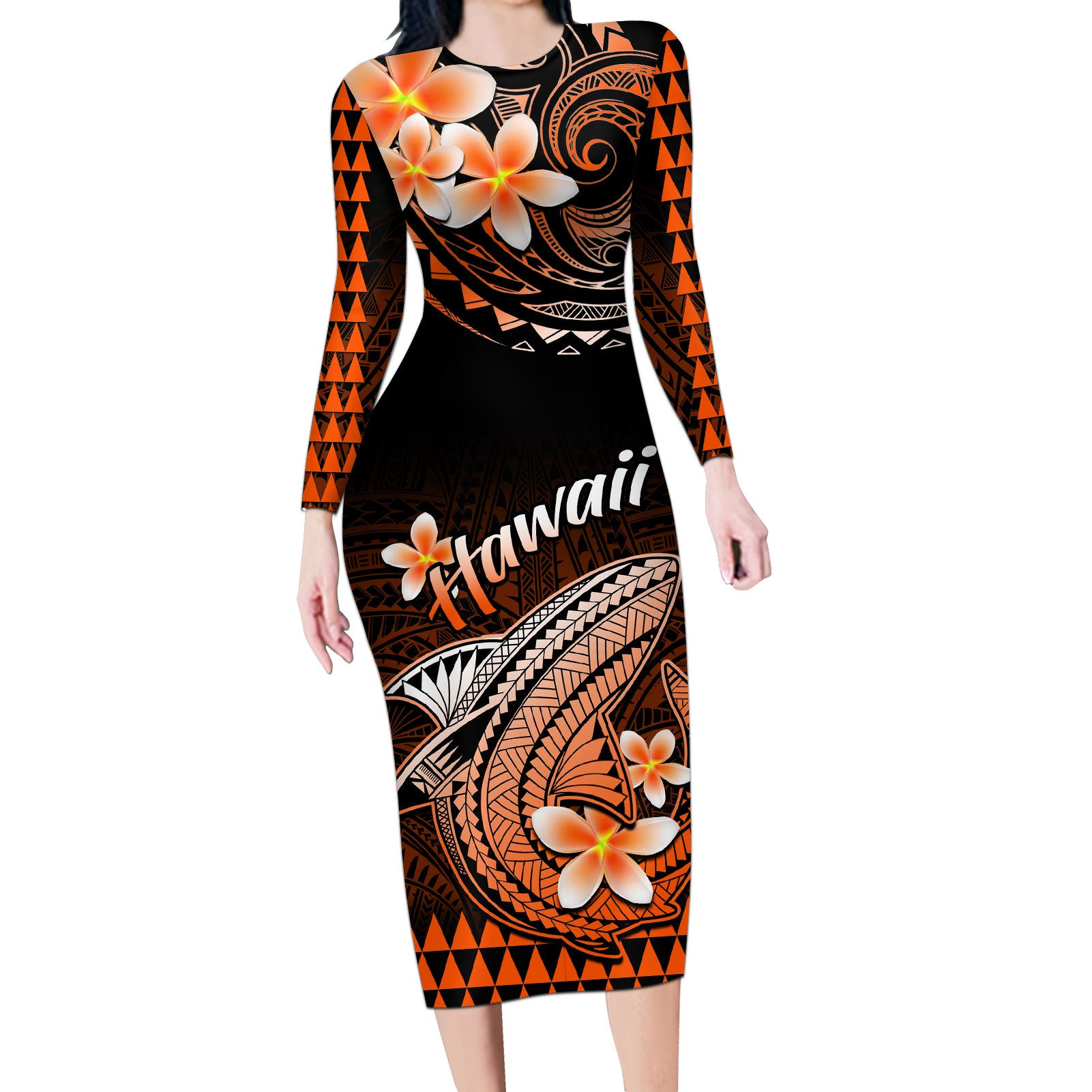 Hawaii Long Sleeve Bodycon Dress Polynesian Shark with Kakau Orange Version LT01 Long Dress Orange - Polynesian Pride