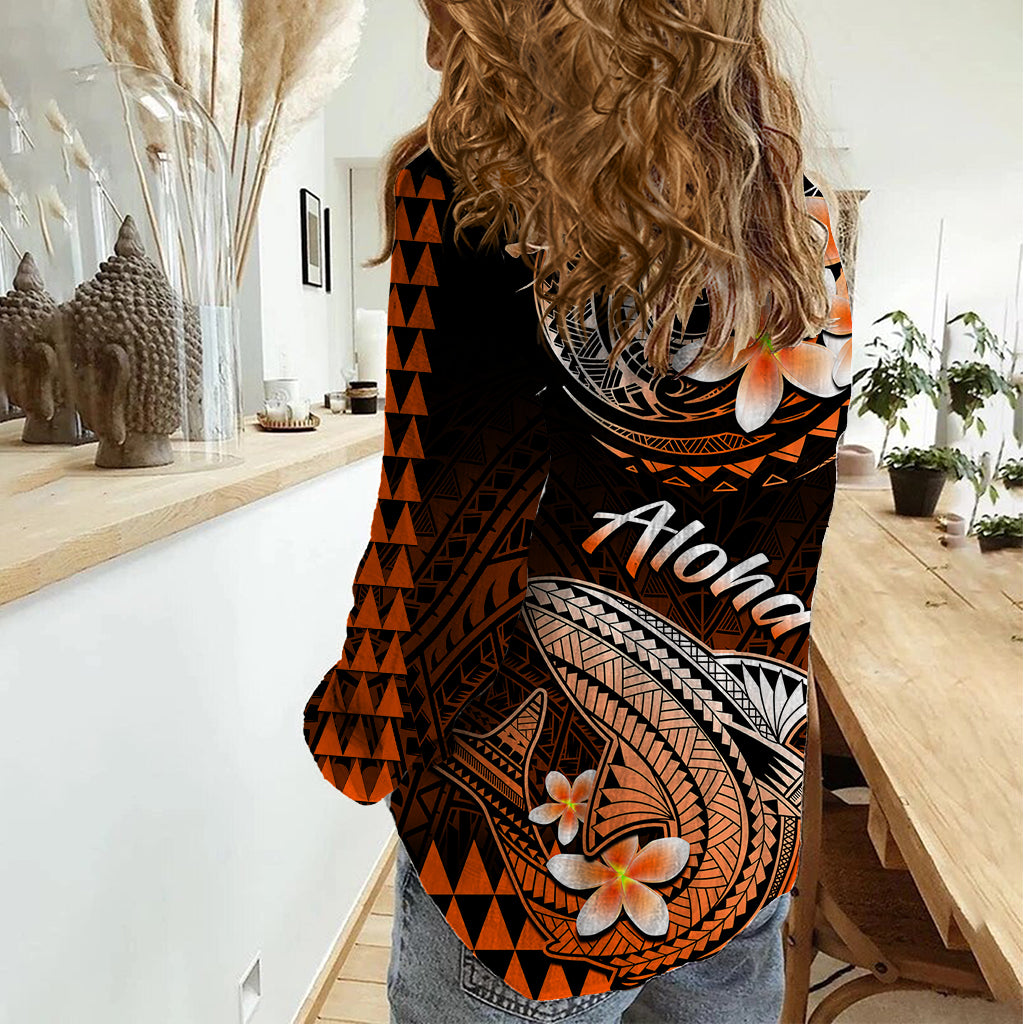 Hawaii Women Casual Shirt Polynesian Shark with Kakau Orange Version LT01 - Polynesian Pride