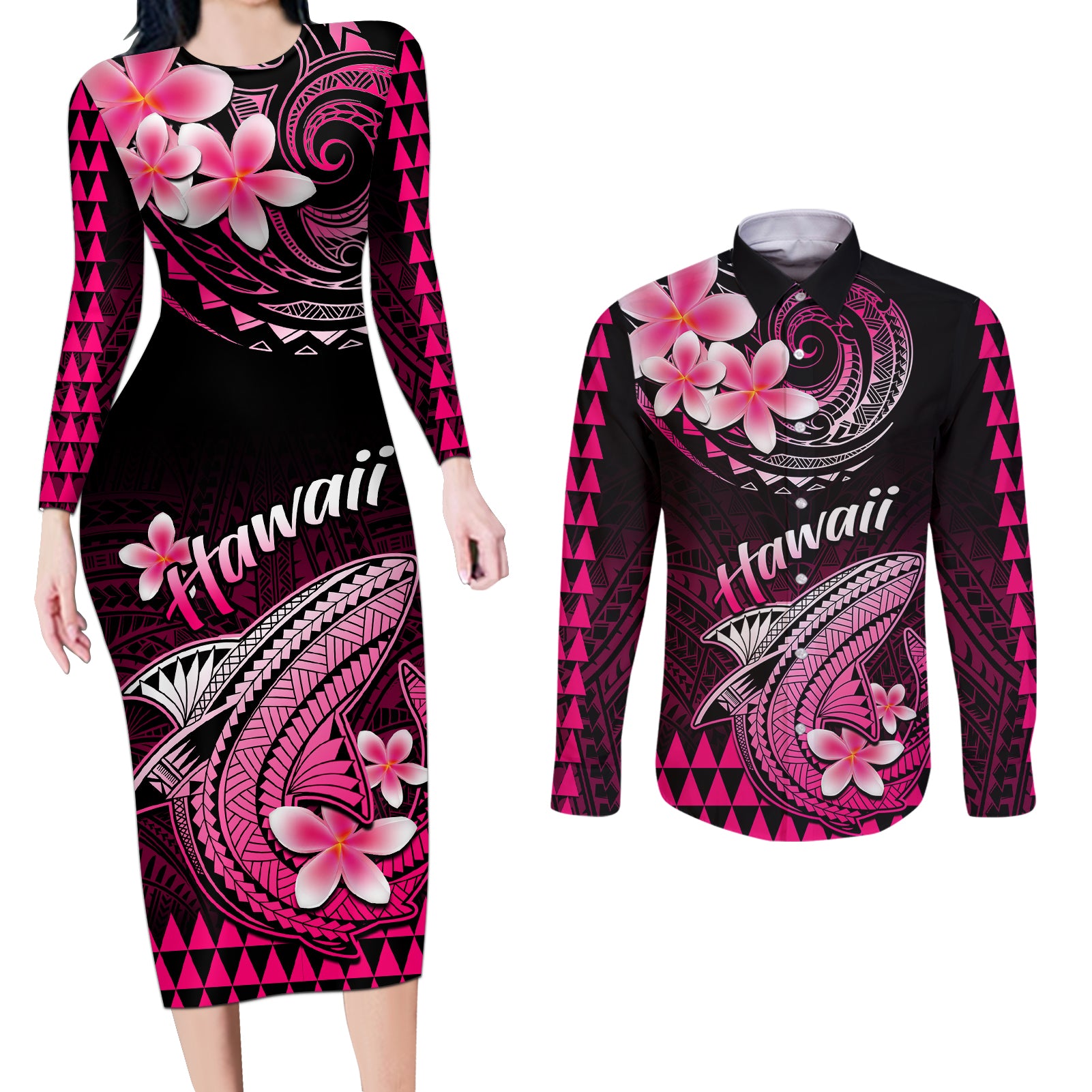 Hawaii Couples Matching Long Sleeve Bodycon Dress and Long Sleeve Button Shirts Polynesian Shark with Kakau Pink Version LT01 Pink - Polynesian Pride