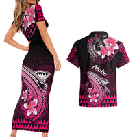 Hawaii Couples Matching Short Sleeve Bodycon Dress and Hawaiian Shirt Polynesian Shark with Kakau Pink Version LT01 - Polynesian Pride
