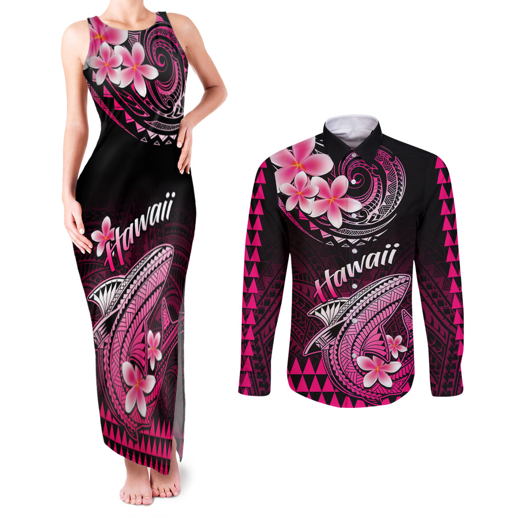 Hawaii Couples Matching Tank Maxi Dress and Long Sleeve Button Shirts Polynesian Shark with Kakau Pink Version LT01 Pink - Polynesian Pride