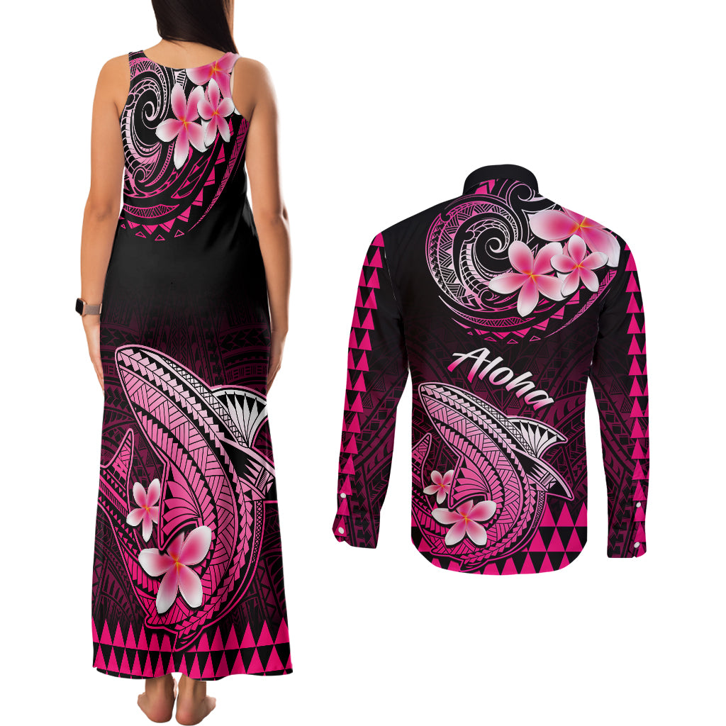 Hawaii Couples Matching Tank Maxi Dress and Long Sleeve Button Shirts Polynesian Shark with Kakau Pink Version LT01 - Polynesian Pride