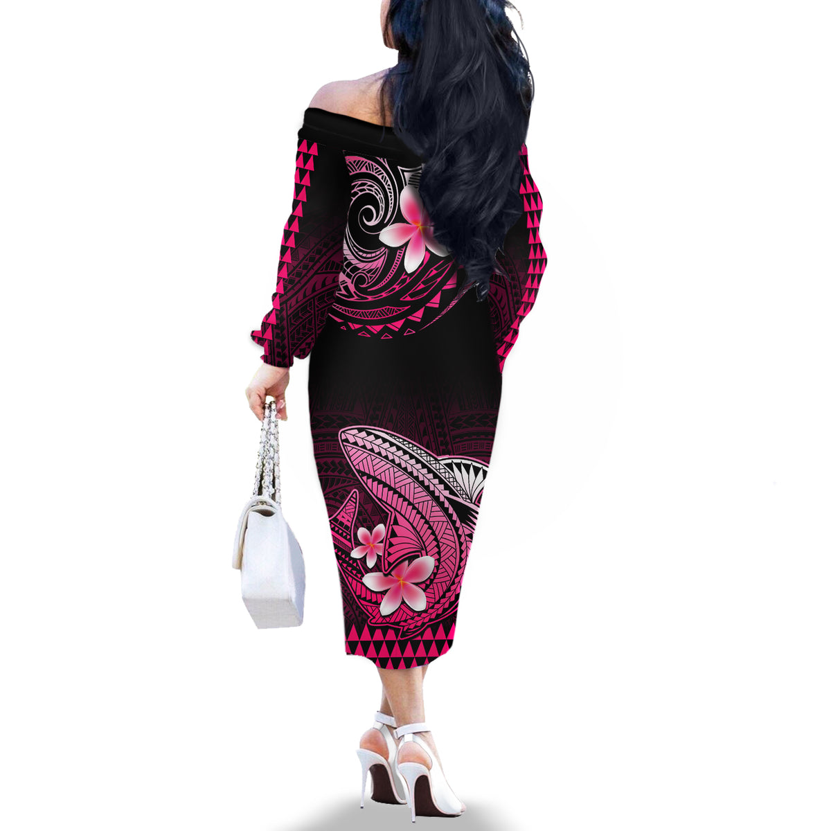Hawaii Off The Shoulder Long Sleeve Dress Polynesian Shark with Kakau Pink Version LT01 - Polynesian Pride