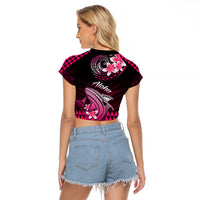 Hawaii Raglan Cropped T Shirt Polynesian Shark with Kakau Pink Version LT01 - Polynesian Pride