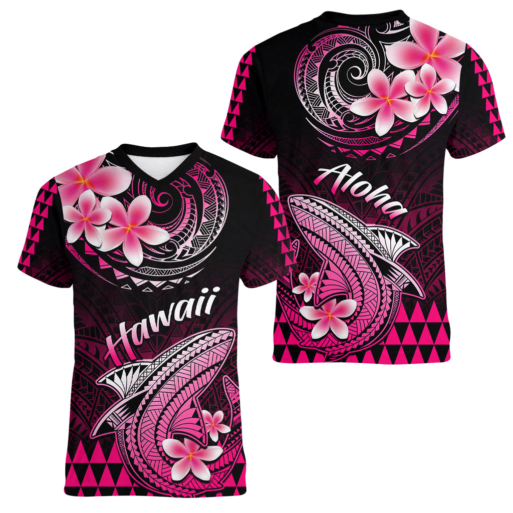 Hawaii Women V Neck T Shirt Polynesian Shark with Kakau Pink Version LT01 - Polynesian Pride