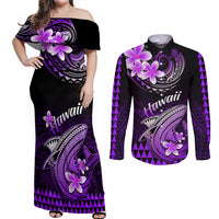 Hawaii Couples Matching Off Shoulder Maxi Dress and Long Sleeve Button Shirts Polynesian Shark with Kakau Purple Version LT01 Purple - Polynesian Pride