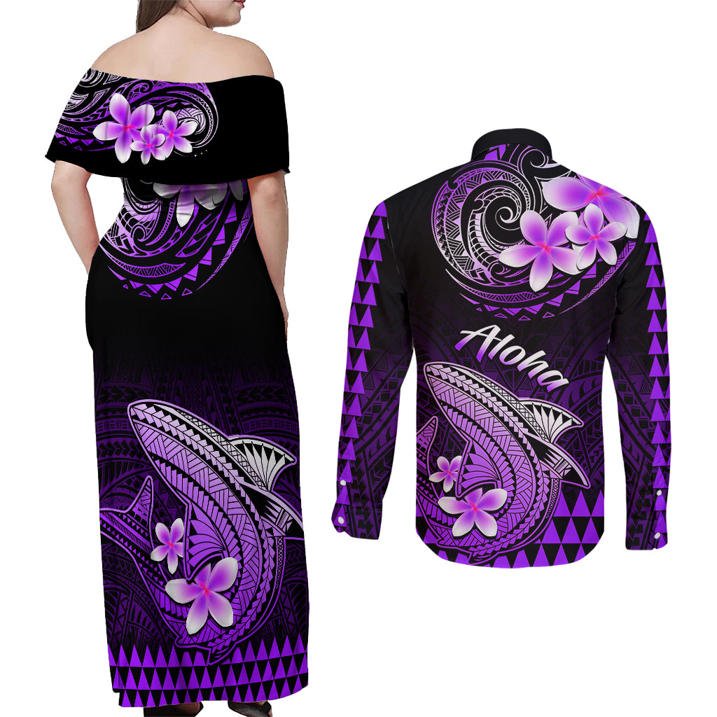 Hawaii Couples Matching Off Shoulder Maxi Dress and Long Sleeve Button Shirts Polynesian Shark with Kakau Purple Version LT01 - Polynesian Pride