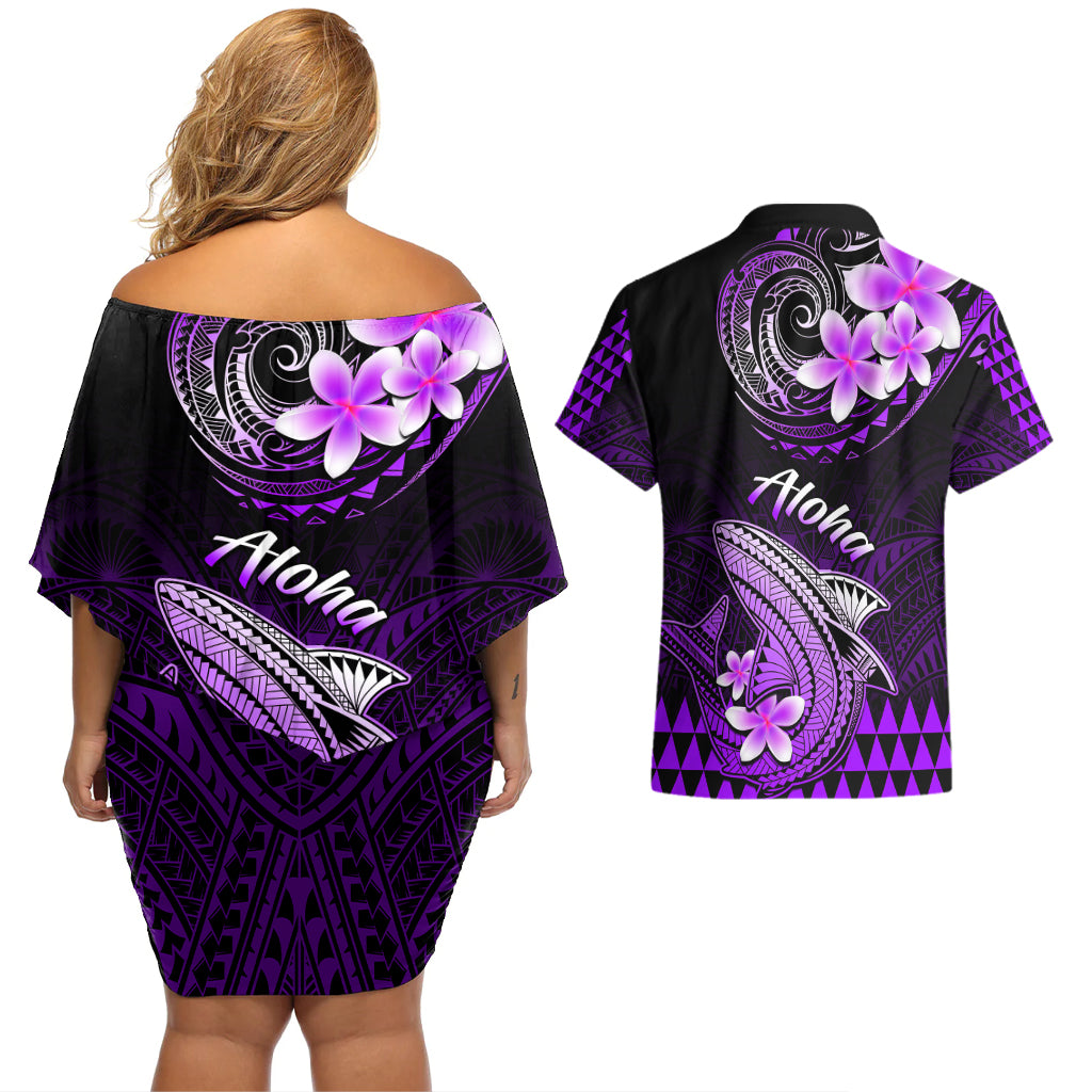 Hawaii Couples Matching Off Shoulder Short Dress and Hawaiian Shirt Polynesian Shark with Kakau Purple Version LT01 - Polynesian Pride