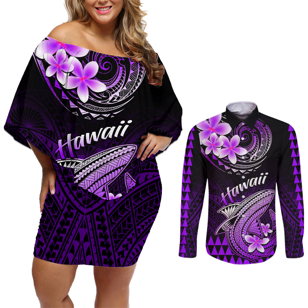 Hawaii Couples Matching Off Shoulder Short Dress and Long Sleeve Button Shirts Polynesian Shark with Kakau Purple Version LT01 Purple - Polynesian Pride