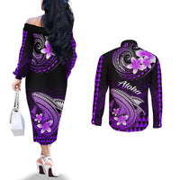 Hawaii Couples Matching Off The Shoulder Long Sleeve Dress and Long Sleeve Button Shirts Polynesian Shark with Kakau Purple Version LT01 - Polynesian Pride